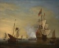 Peter Monamy attrib Harbor scene An English ship with sails loosened firing a gun Naval Battles